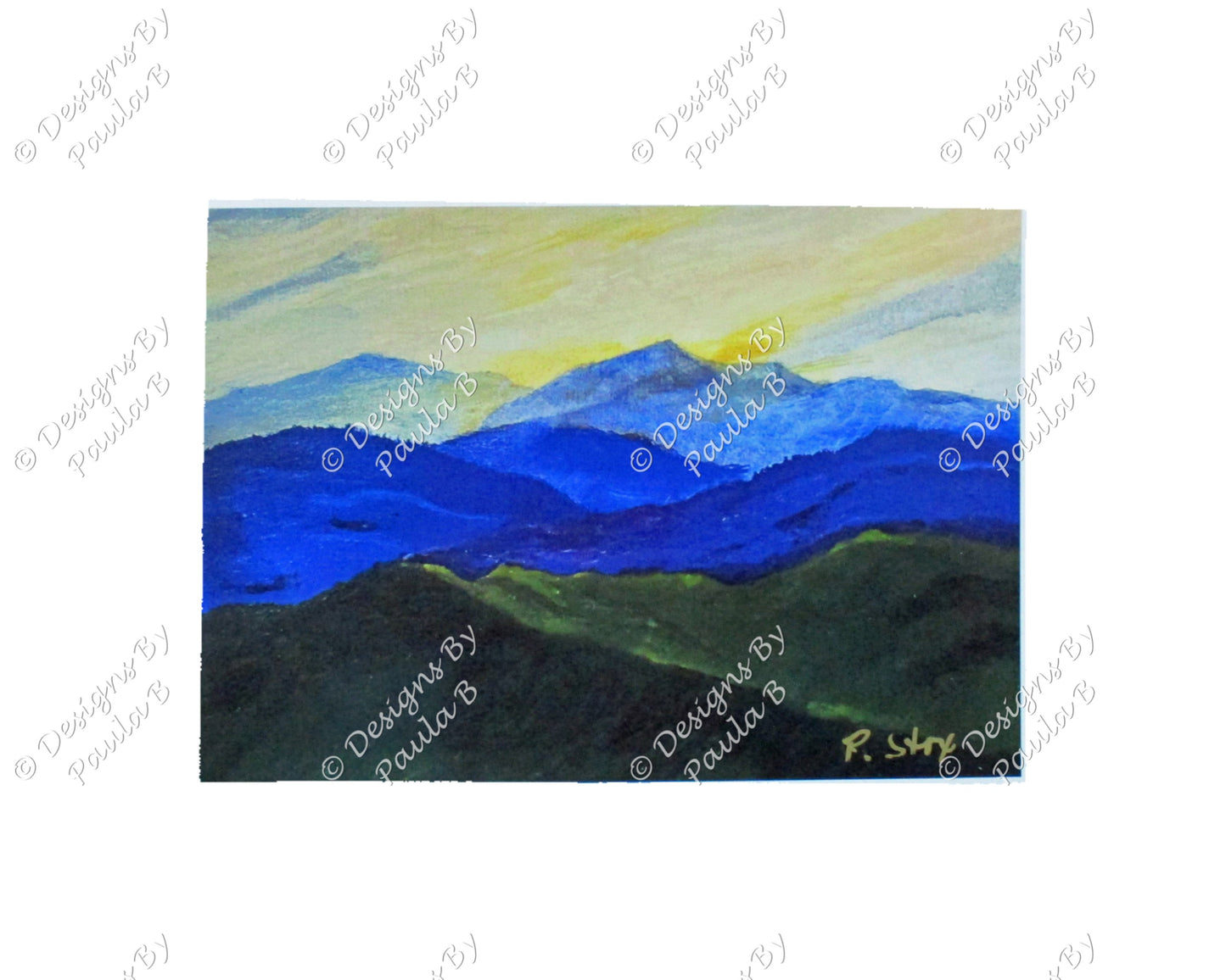 Painting of mountains with a blue sky and green landscape