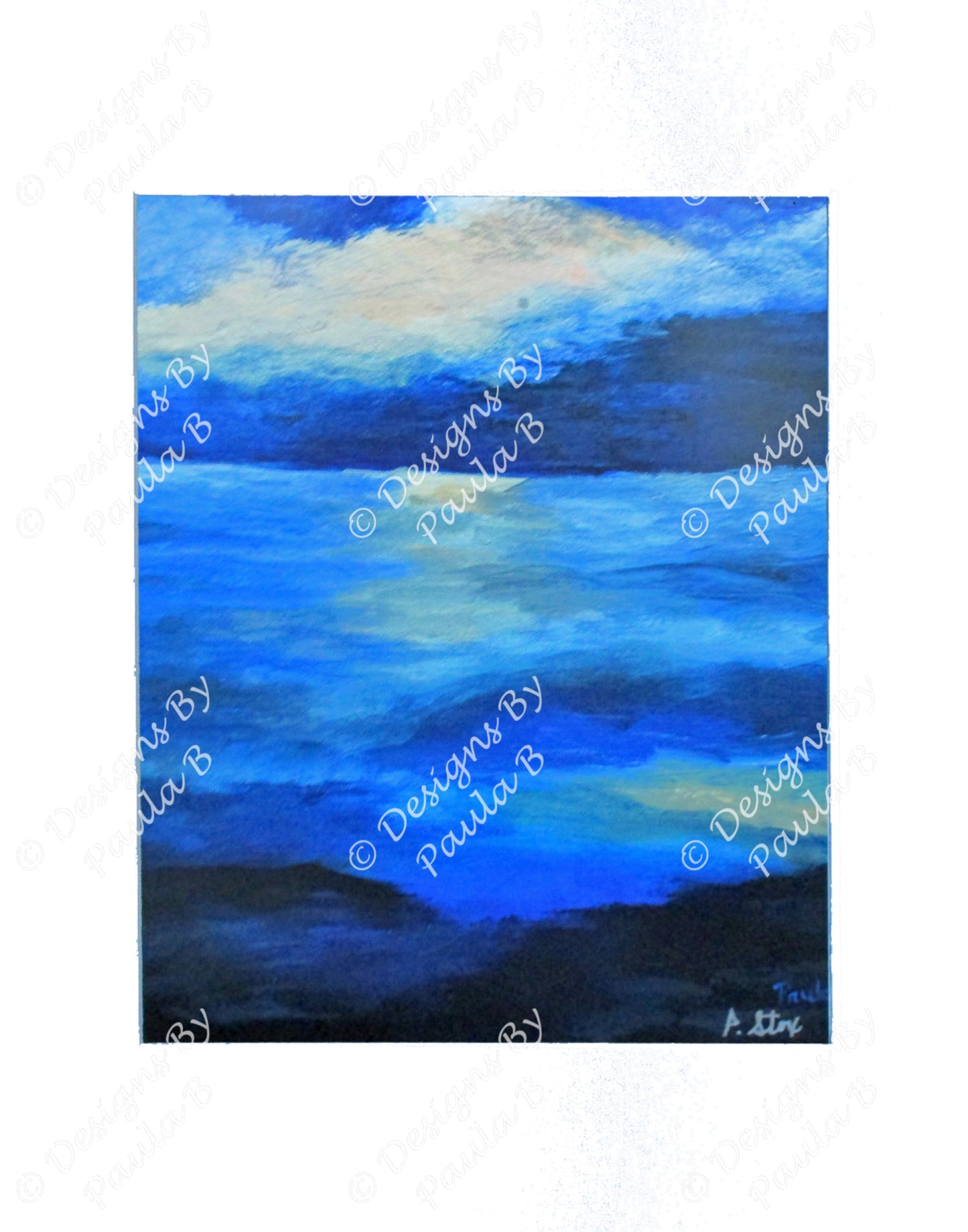 Artistic depiction of a blue landscape with clouds on a white background