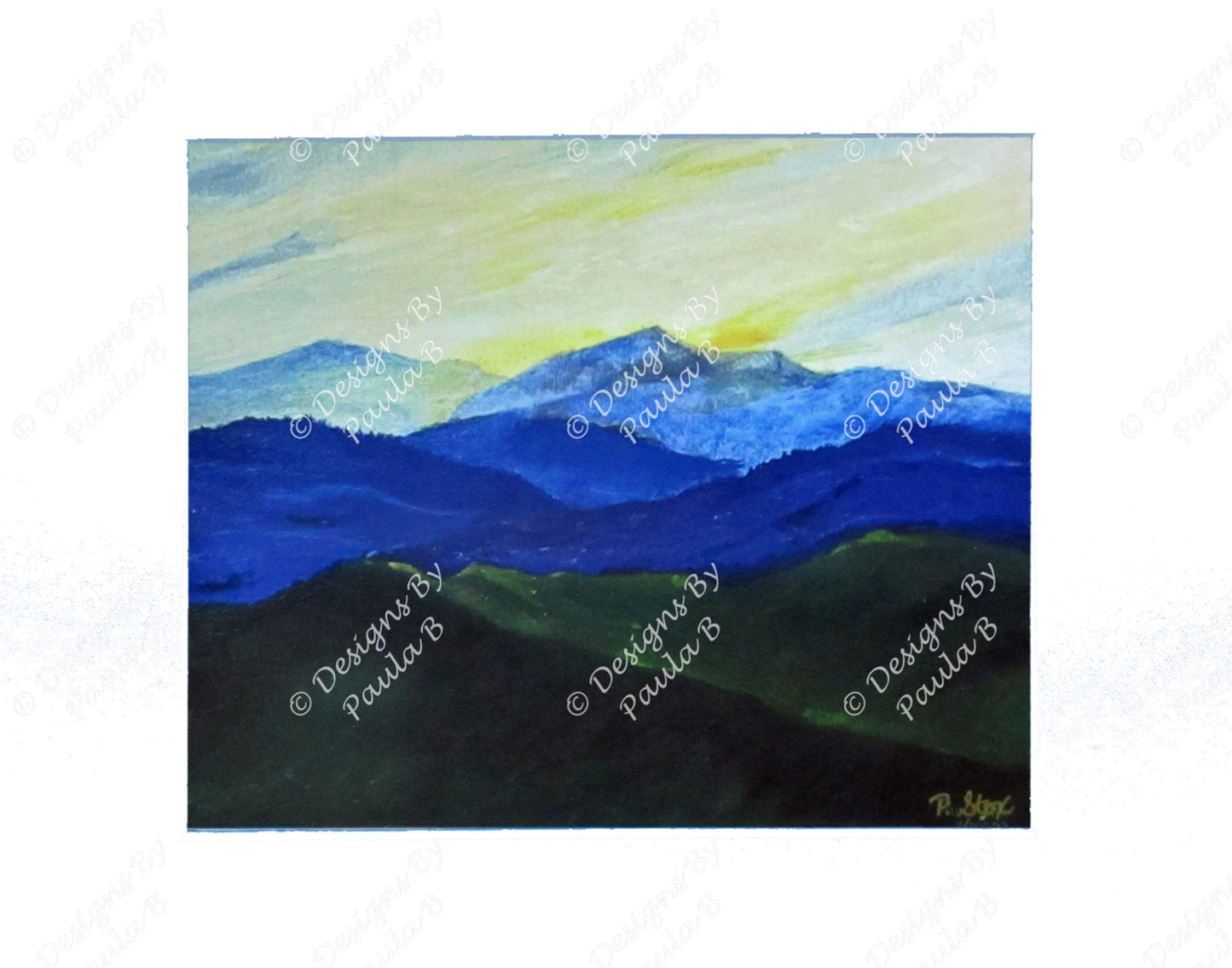 Painting of mountains with a blue and green color scheme