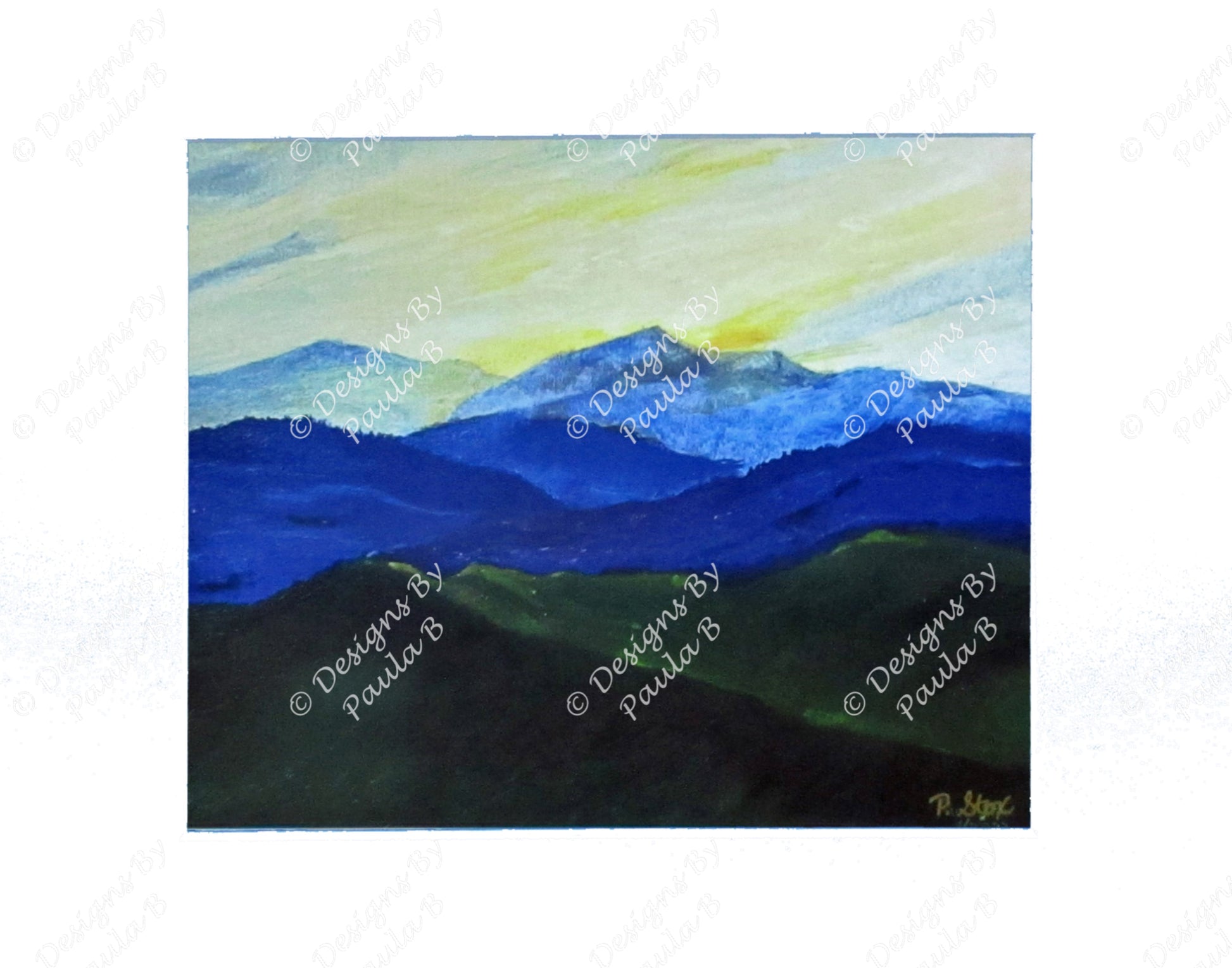 Painting of mountains with a blue and green color scheme