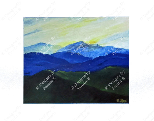 Painting of mountains with a blue and green color scheme