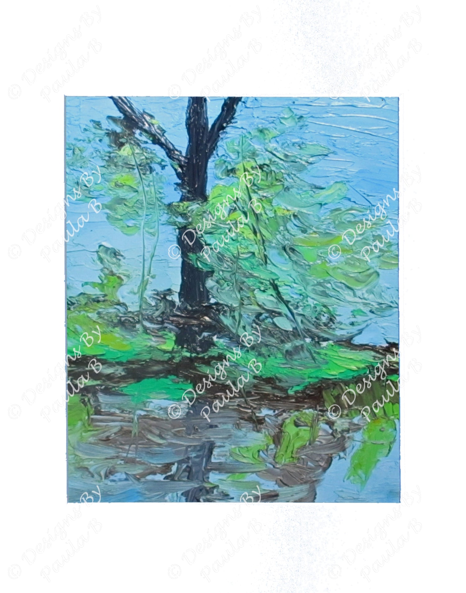 Artistic depiction of a tree with green leaves and a blue sky.