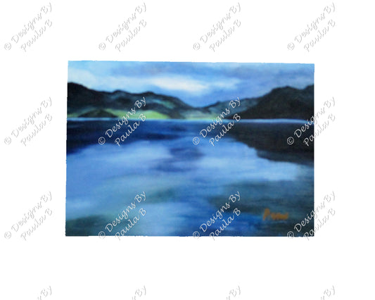 Painting of a serene lake with mountains in the background