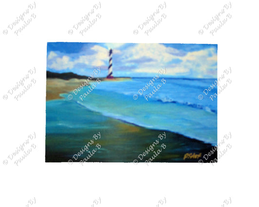Painting of a lighthouse on a beach with blue water and white clouds.