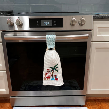 Aqua and White Towel Holder,Displayed on Oven