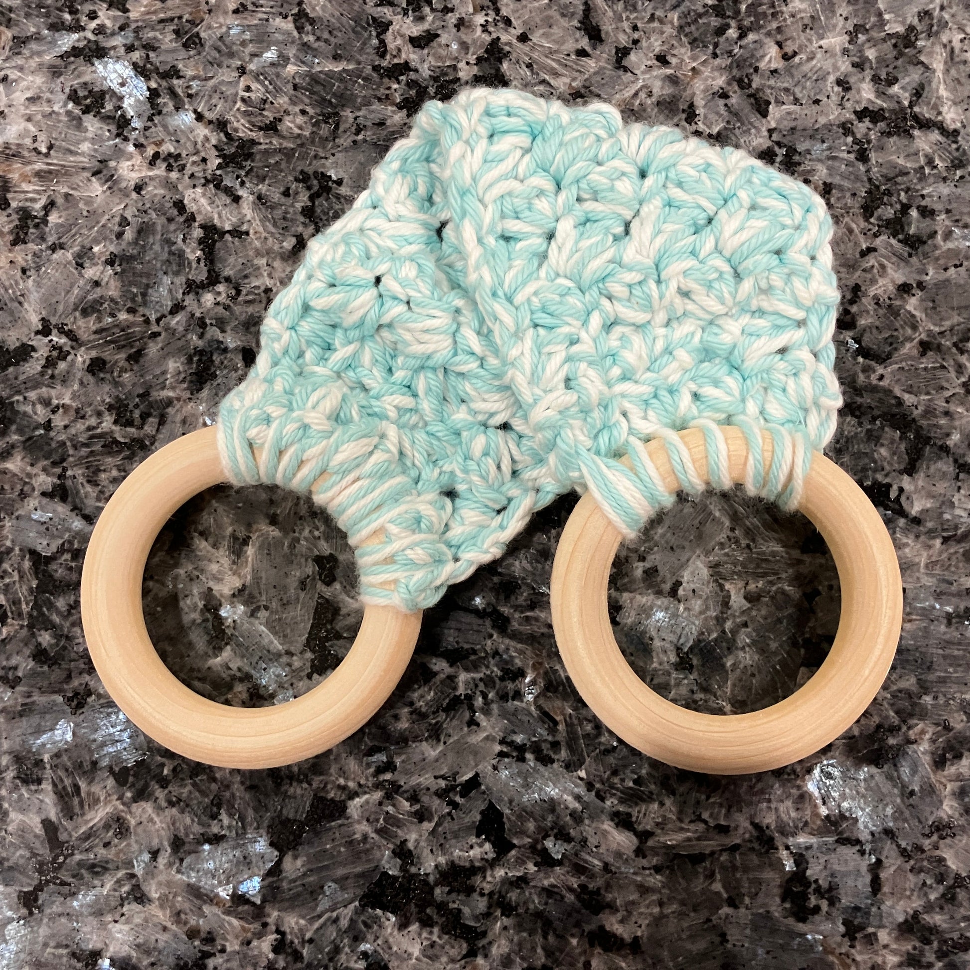 Aqua and White Crocheted Towel Holder with Wooden Rings