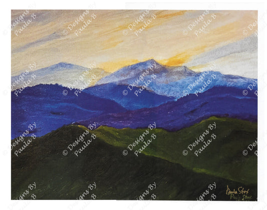 Artistic depiction of mountains with a colorful sky, signed 'Paula Stox'.