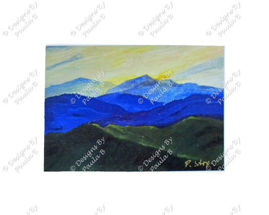 Painting of mountains with a blue sky and green landscape