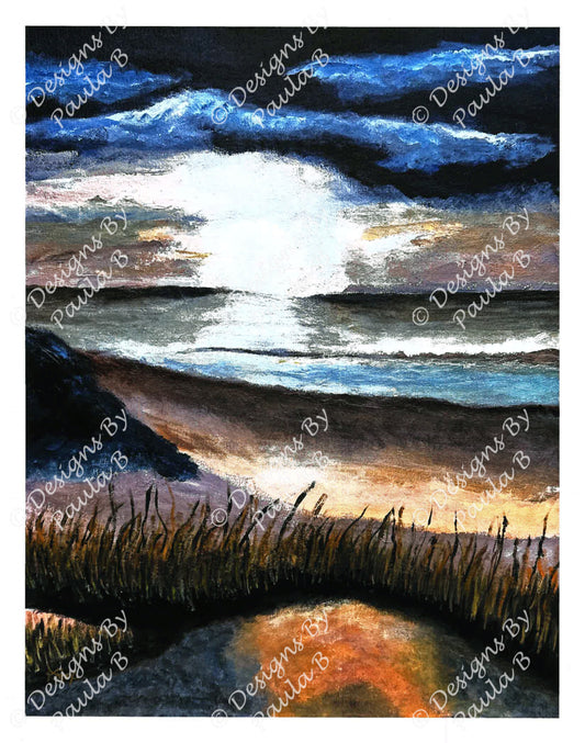 Artistic depiction of a coastal scene with waves and sky.