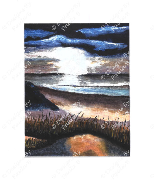 Painting of a sunset over water with grasses at the bottom