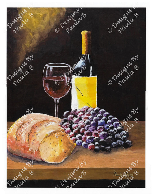 Painting of a bottle of wine, glass, bread, and grapes on a wooden surface with a dark background.