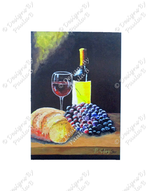 Still life painting of a bottle, glass, bread, and grapes on a wooden surface.