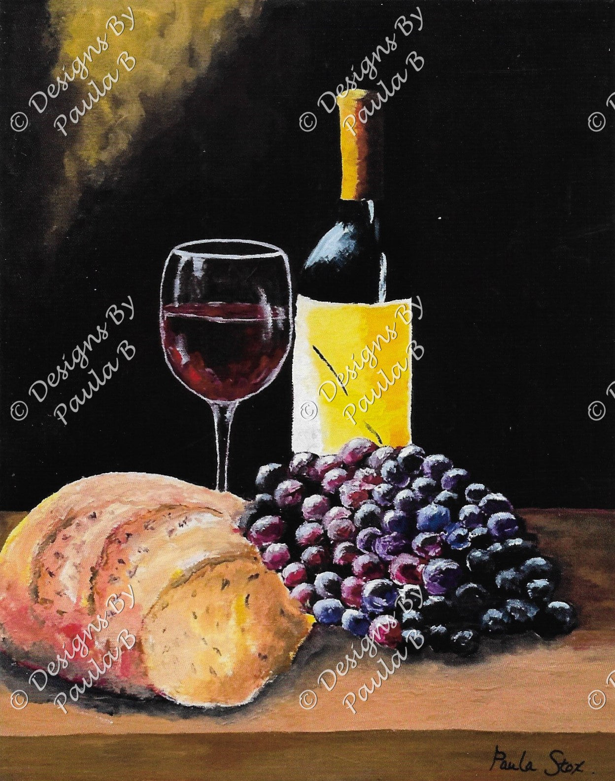 Painting of a bottle of wine, glass, grapes, and bread on a wooden surface with a dark background.
