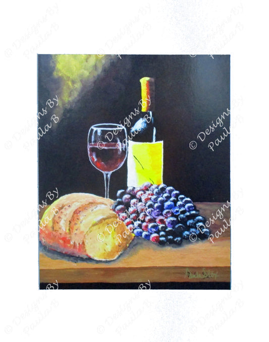 Painting of a bottle of wine, glass, bread, and grapes on a wooden surface.