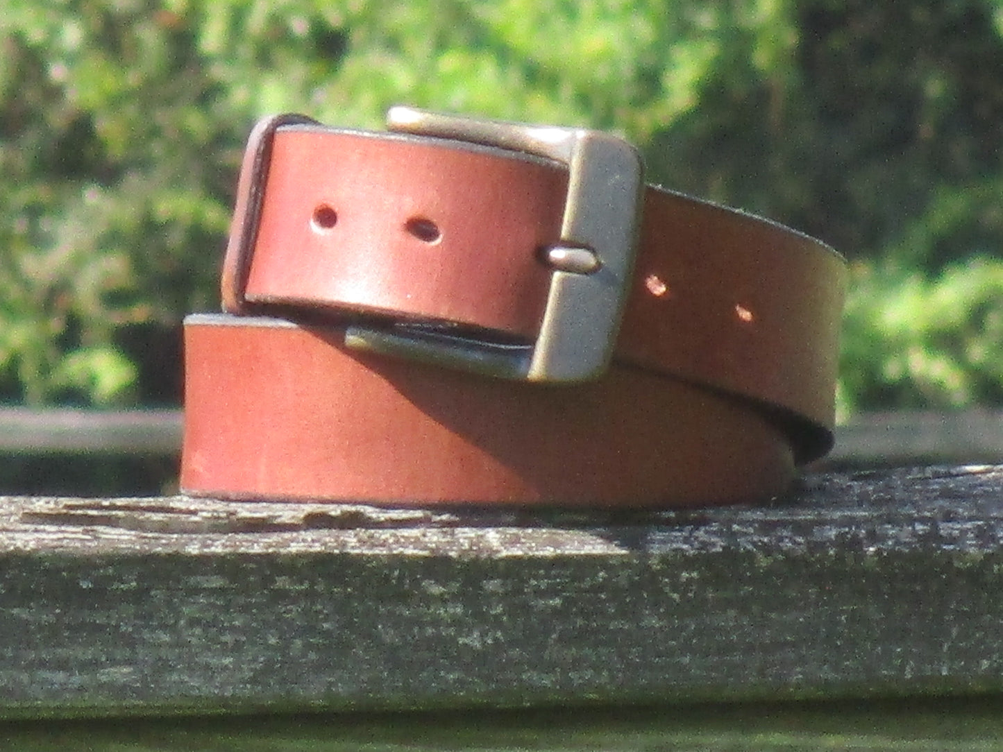 Rich Brown leather belt made from 12/13 oz English Bridle Leather with a Antique Brass  buckle on a wooden surface with a blurred green background