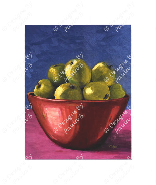 Painting of a red bowl with green apples on a colorful background