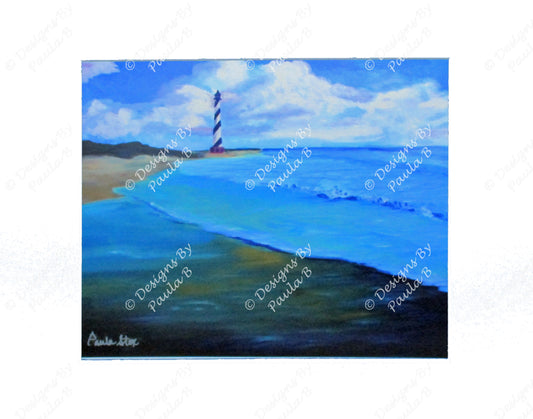 Painting of a lighthouse on a beach with blue water and sky.
