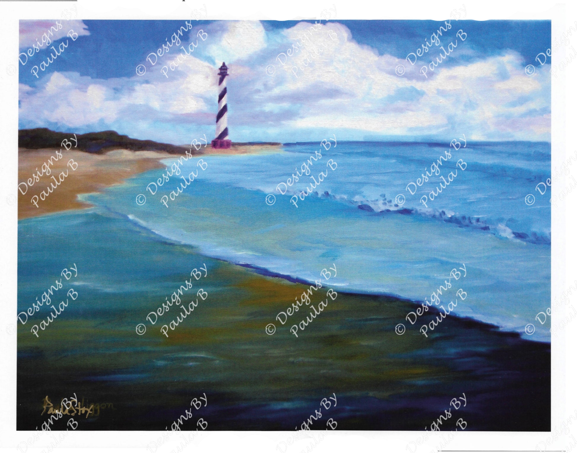 Painting of the Hatteras Lighthouse before it was moved, a beach with waves and sky.