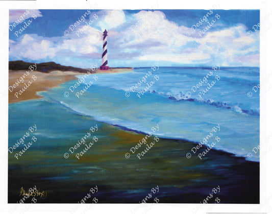 Painting of the Hatteras Lighthouse before it was moved, a beach with waves and sky.