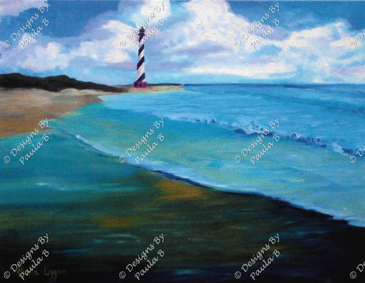 Painting of a lighthouse on a beach with blue water and sky.