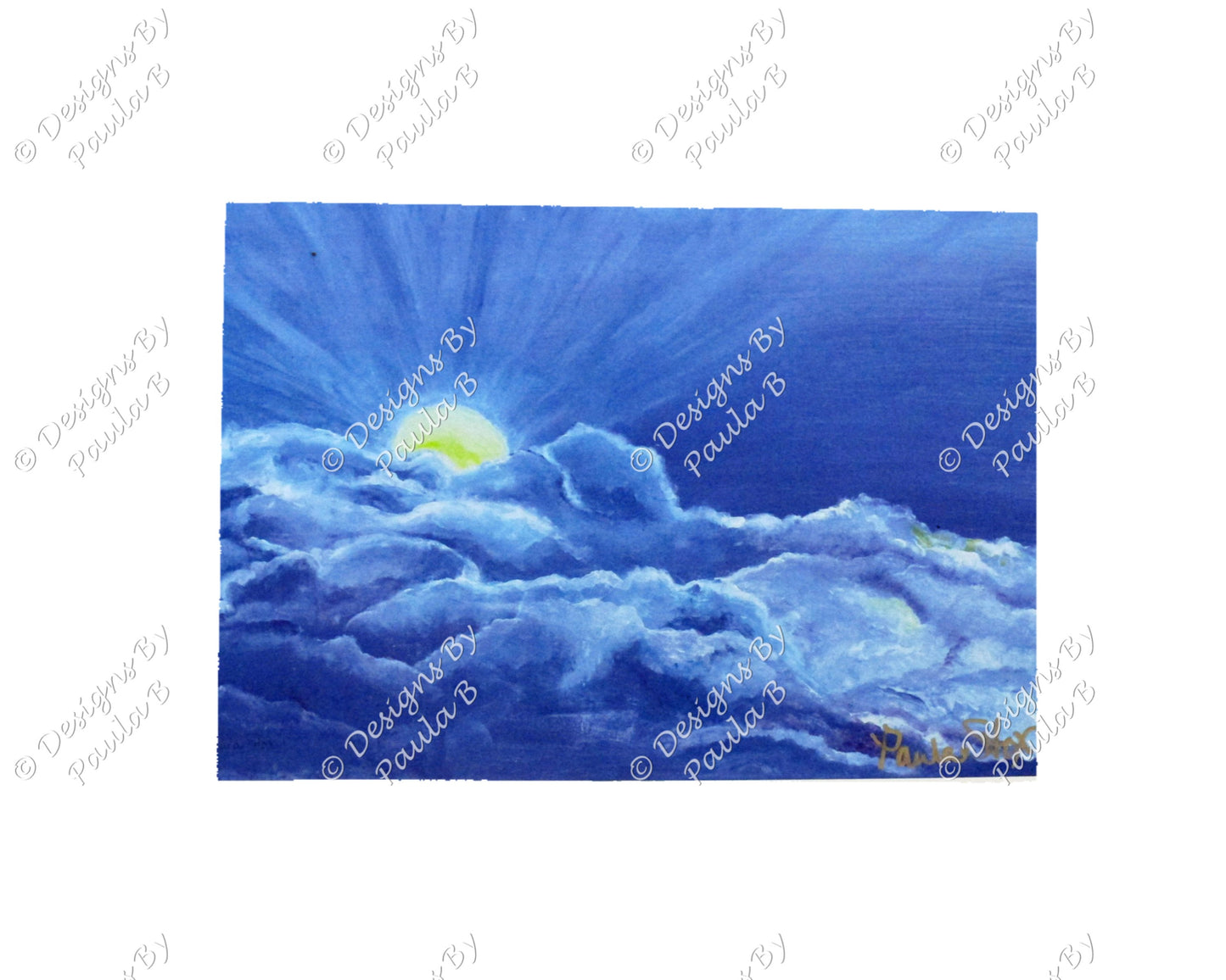 Artistic depiction of a sun rising through clouds.