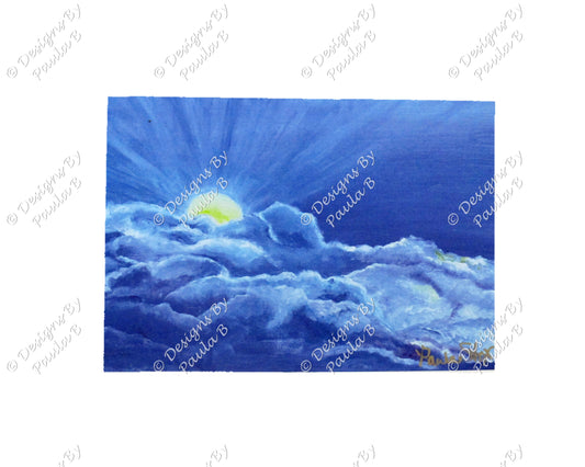 Artistic depiction of a sun rising through clouds.