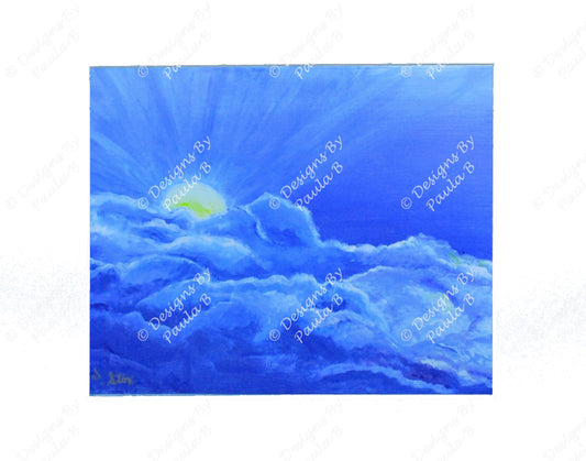 Artistic depiction of a celestial scene with clouds and a bright light source.