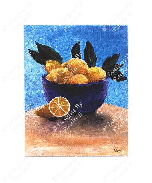 Artistic depiction of lemons in a purple bowl on a wooden surface with a blue background.