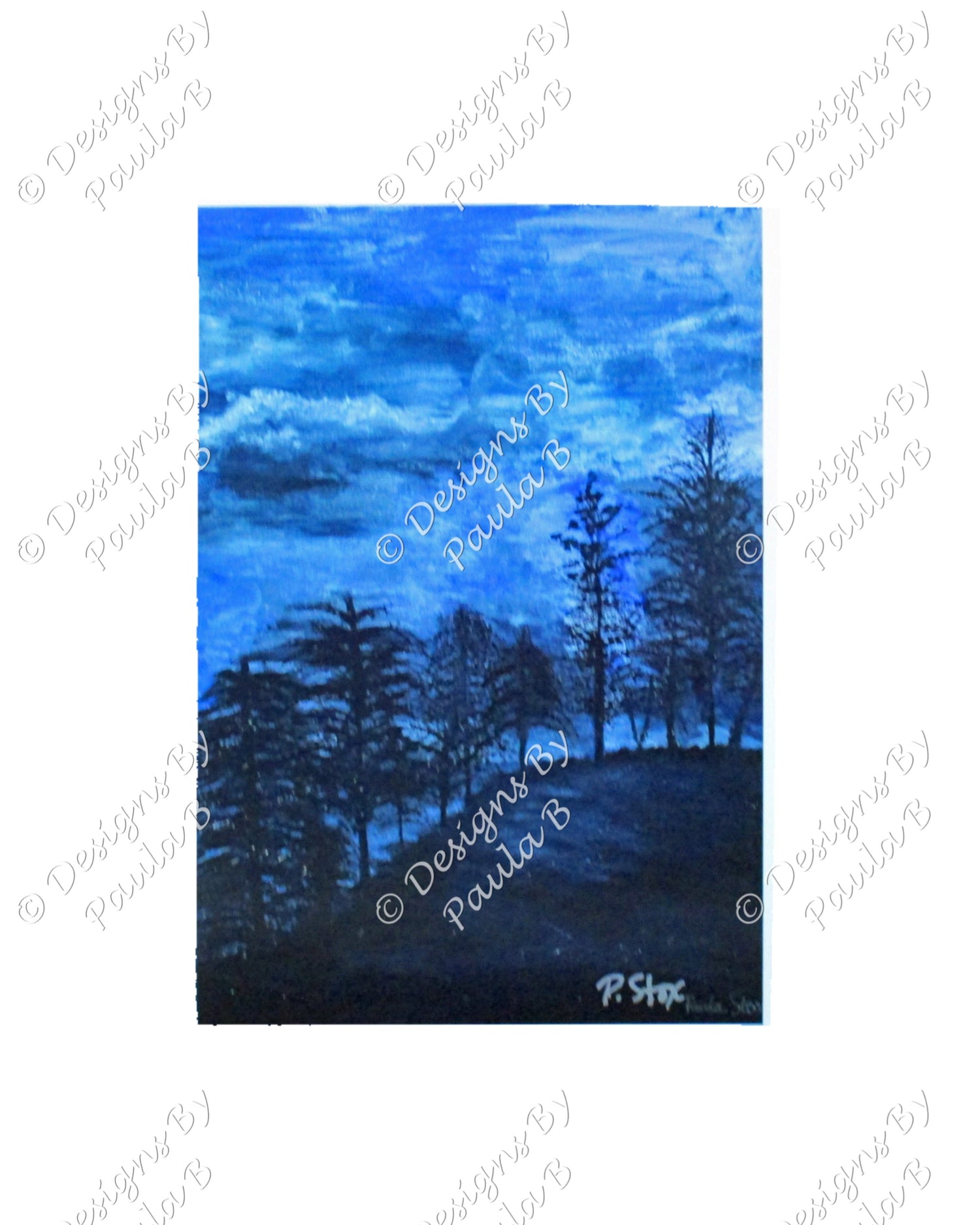 Painting of a forest at night with a blue sky.