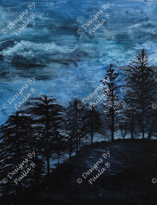 Painting of trees under a cloudy sky.