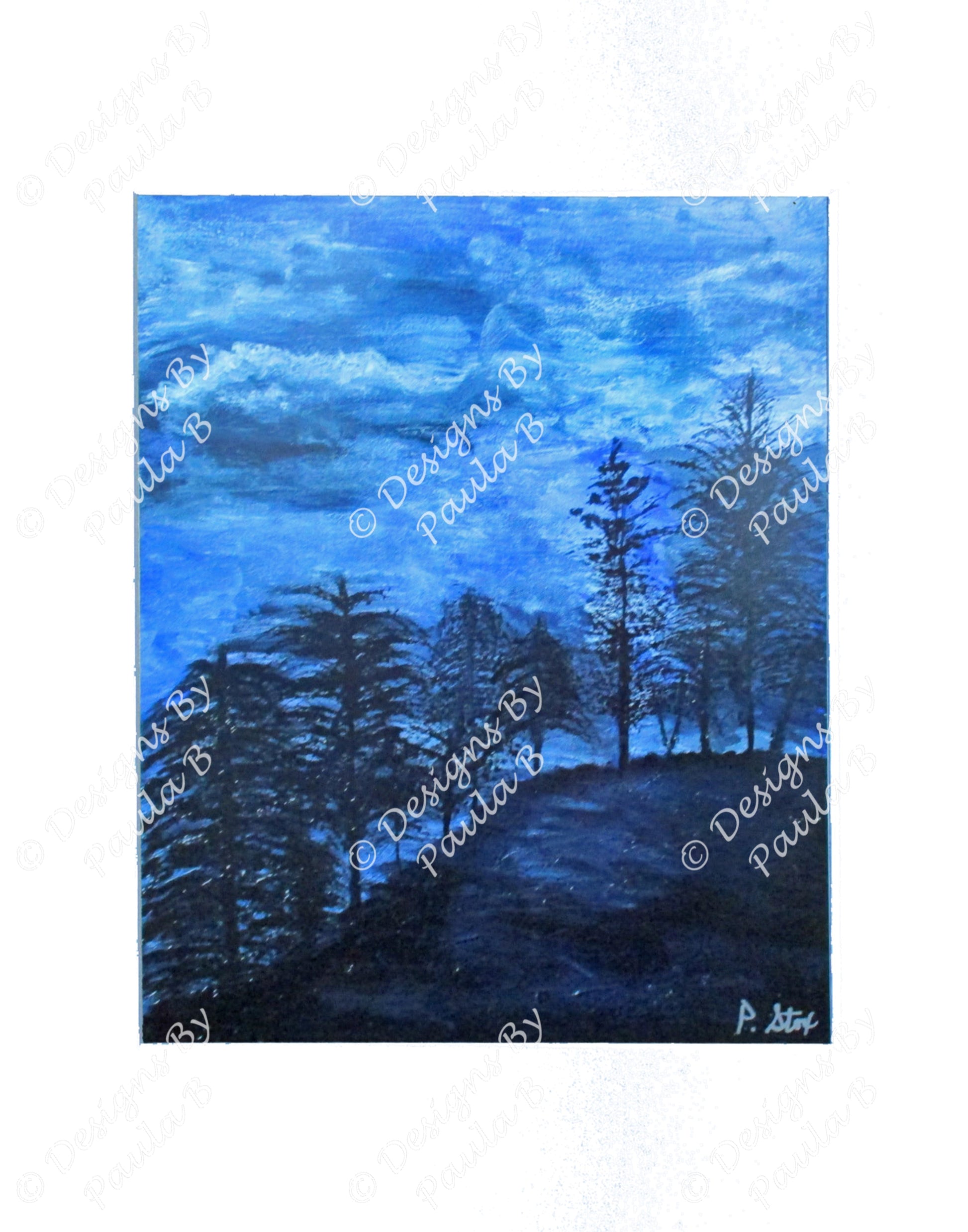 Painting of a forest scene with blue sky and trees on a white background