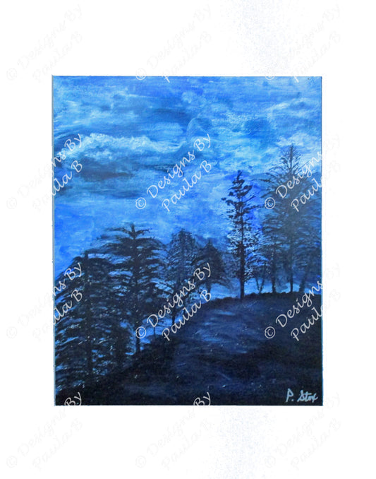 Painting of a forest scene with blue sky and trees on a white background