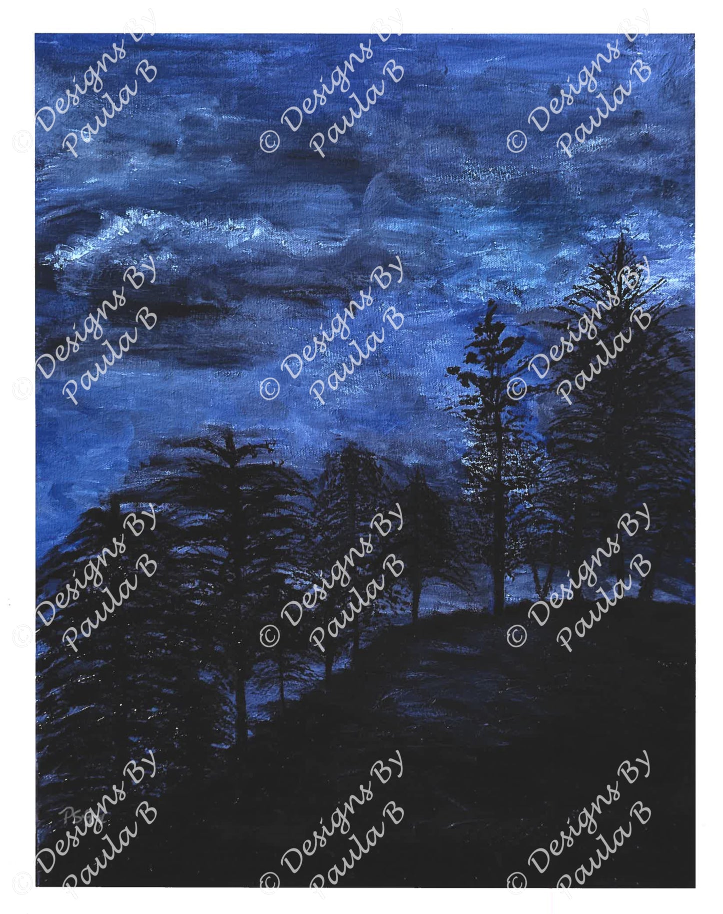 Artistic depiction of a forest at night with a blue sky, featuring the artist's signature.