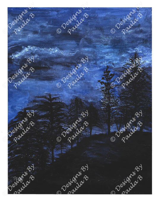 Artistic depiction of a forest at night with a blue sky, featuring the artist's signature.