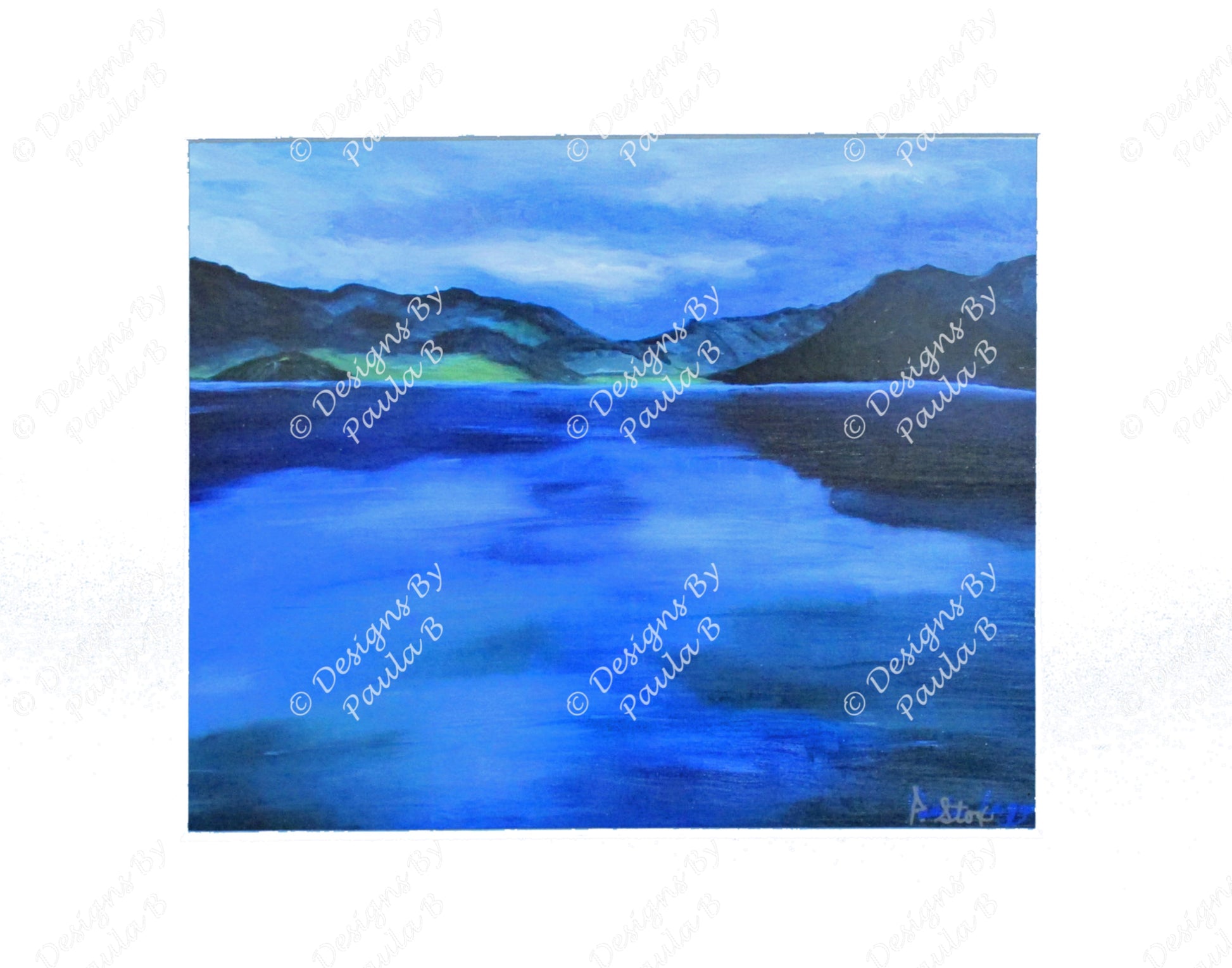 Painting of a serene landscape with a lake and mountains.