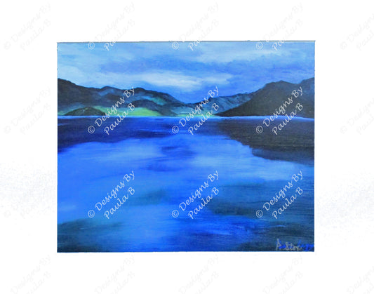 Painting of a serene landscape with a lake and mountains.