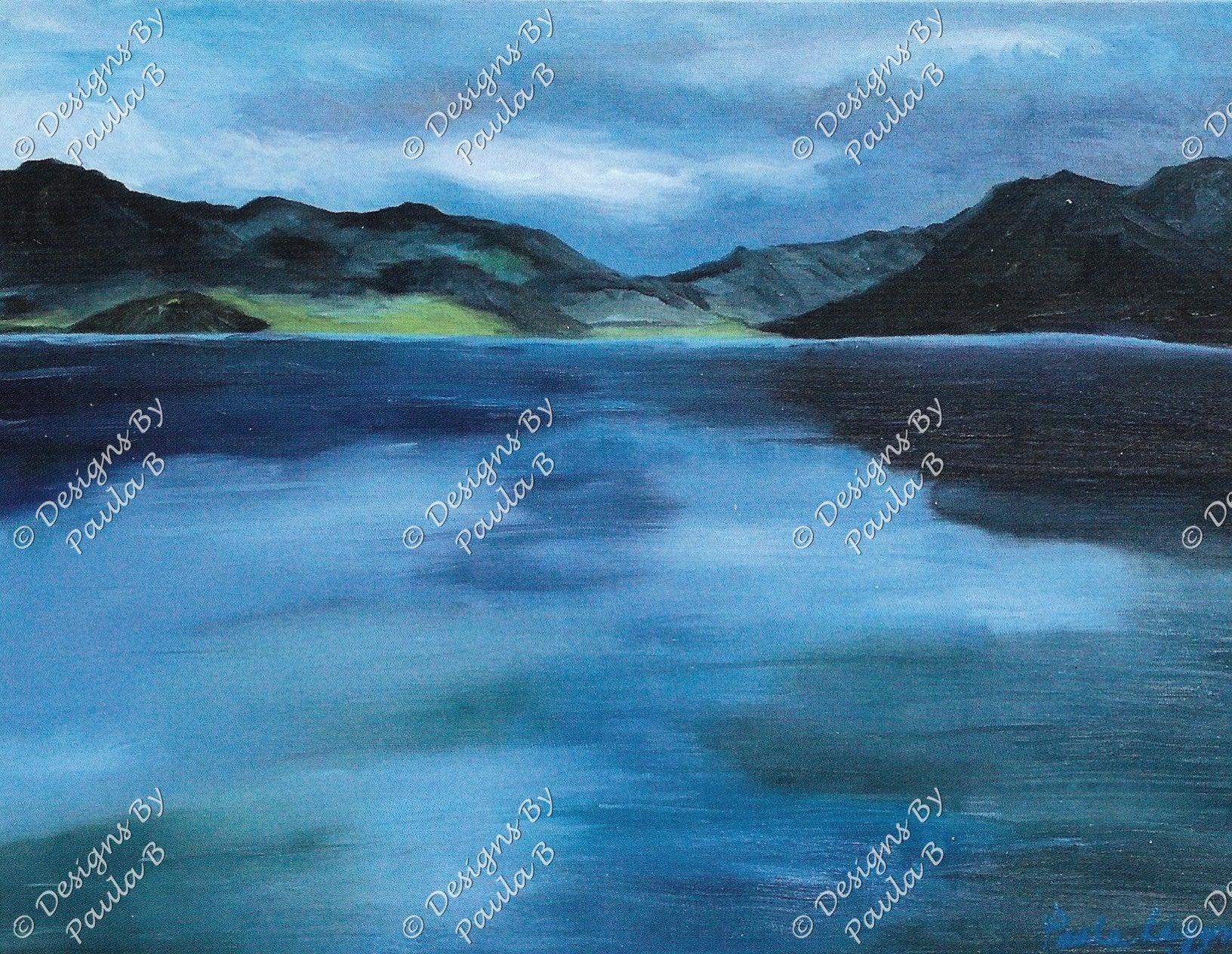 Painting of a mountain landscape with a reflective lake