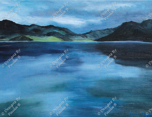 Painting of a mountain landscape with a reflective lake