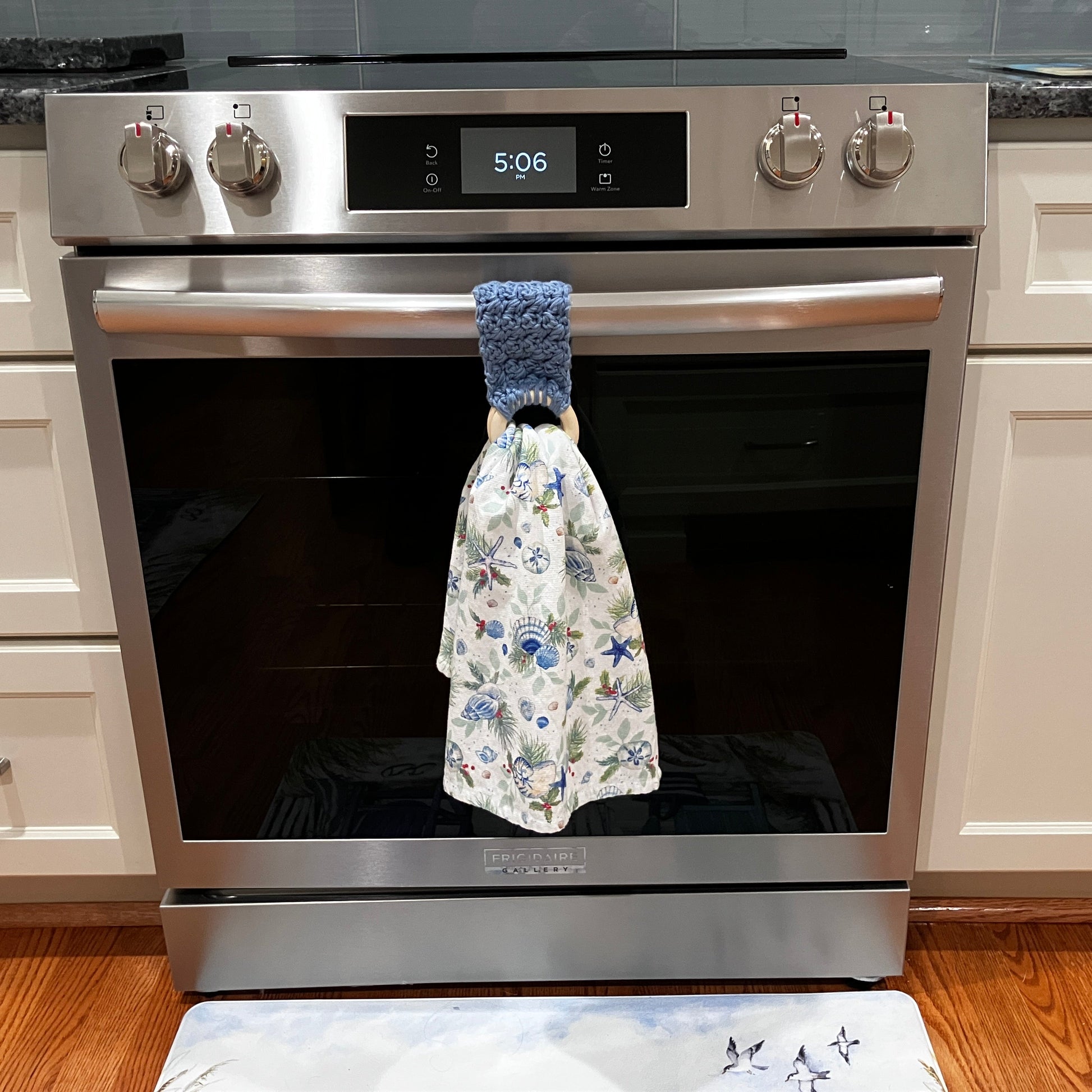 Navy Blue Towel Holder, Displayed on Oven