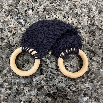 Navy Crocheted Towel Holder with Wooden Rings