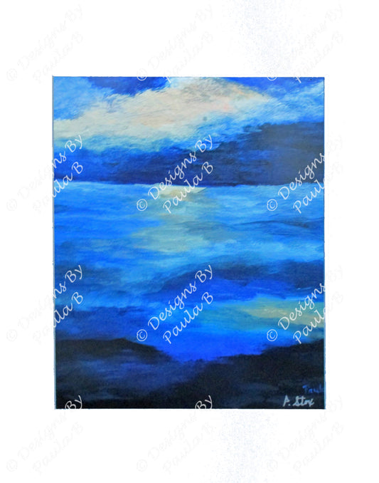 Artistic depiction of a blue landscape with clouds on a white background
