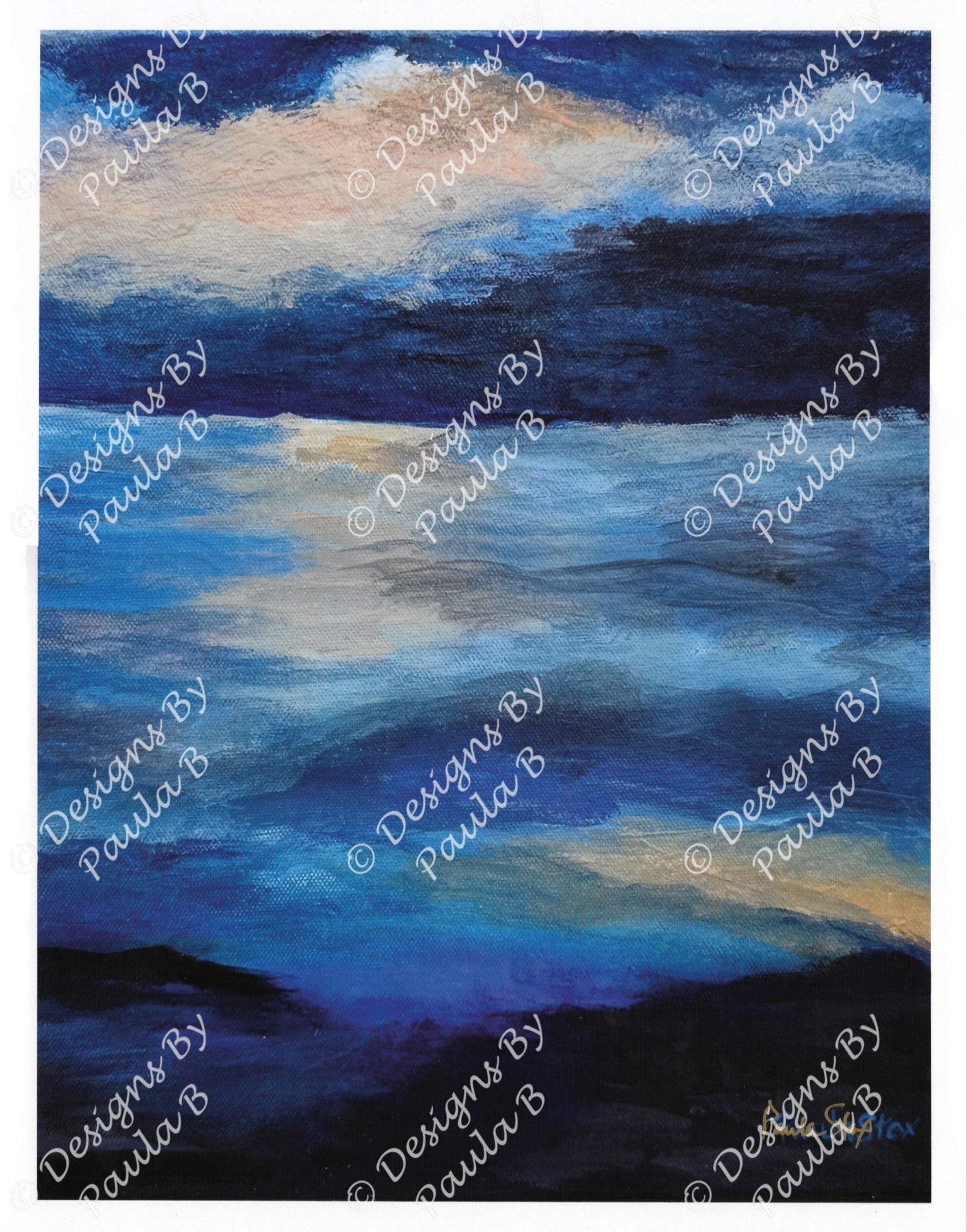 Artistic depiction of a landscape with blue tones and cloud reflections on water.