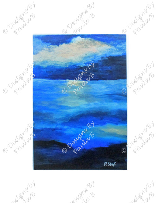 Painting of a blue landscape with a cloud