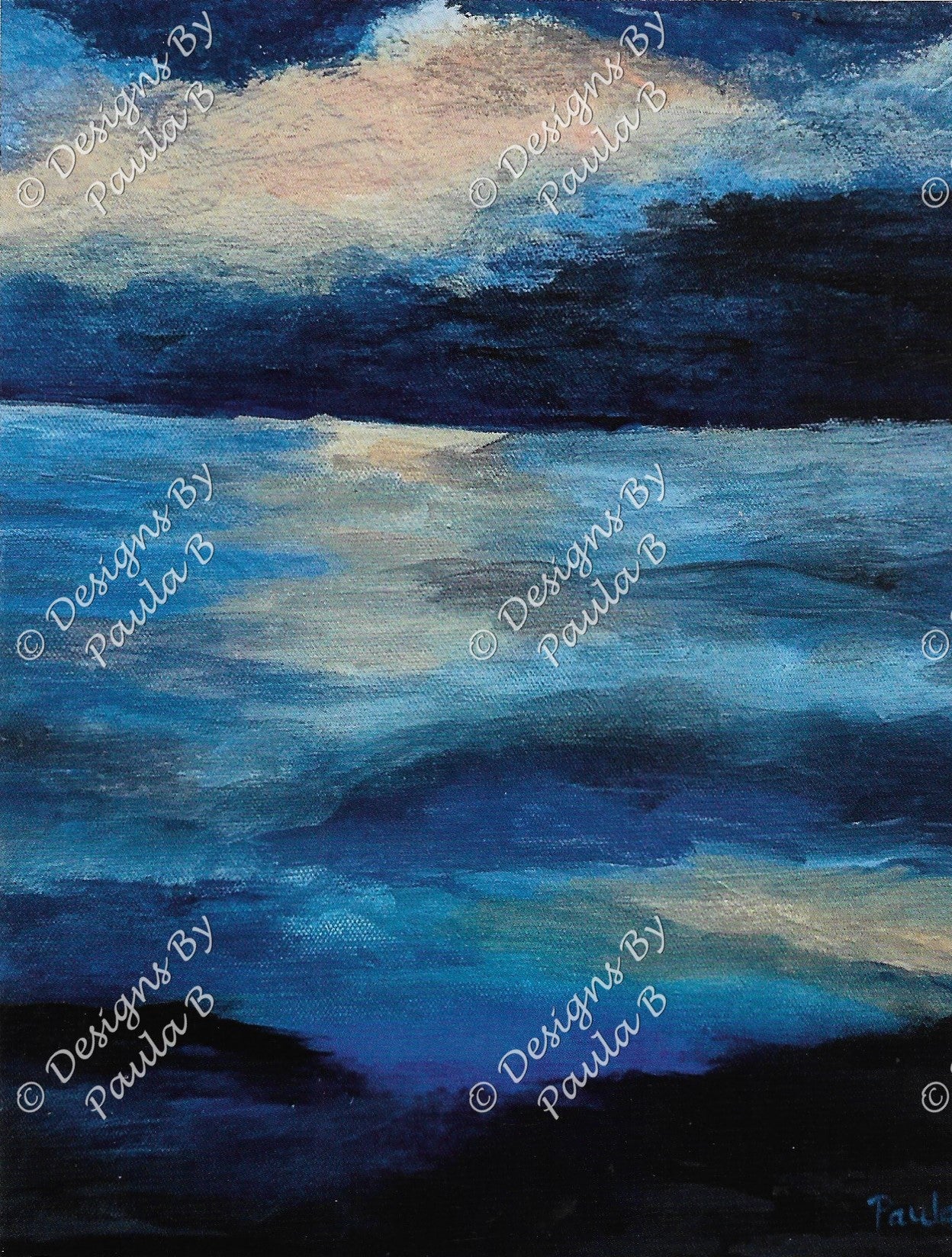 Painting of a night sky with clouds over water.