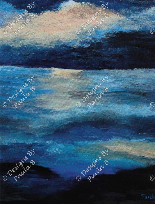 Painting of a night sky with clouds over water.