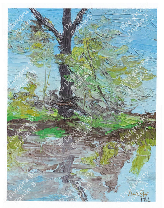Abstract artwork of a tree with reflection on a lake