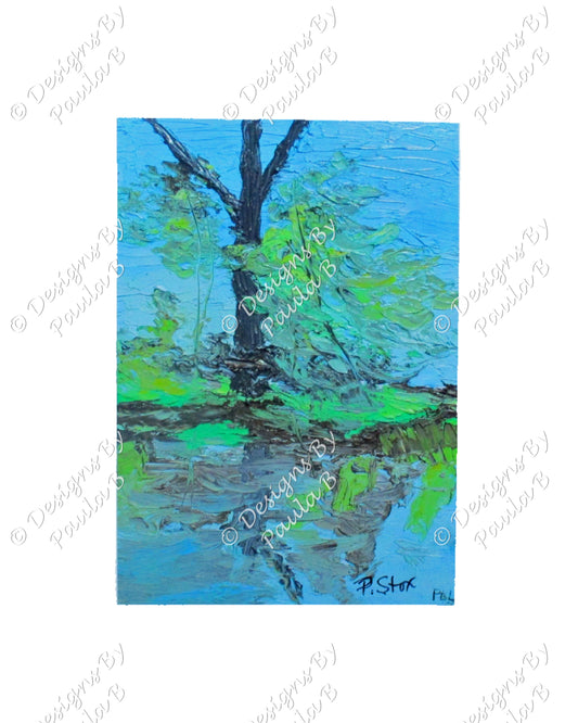 Painting of a tree reflected in water with a blue sky.