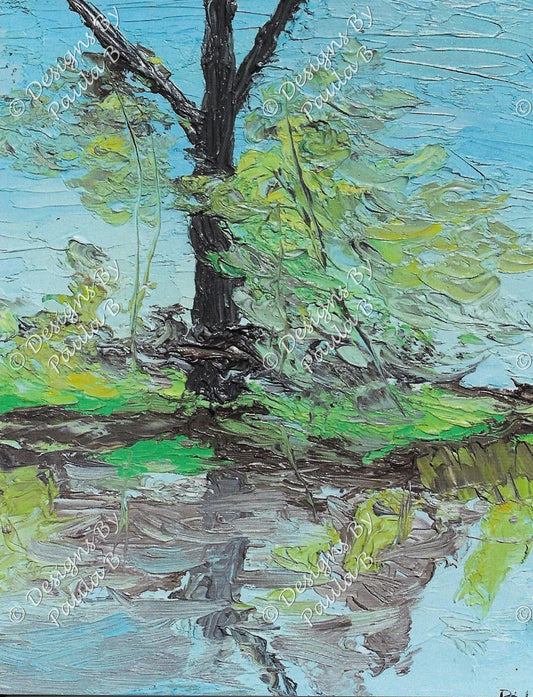 Painting of a tree with reflections in water, using a textured brushstroke technique.