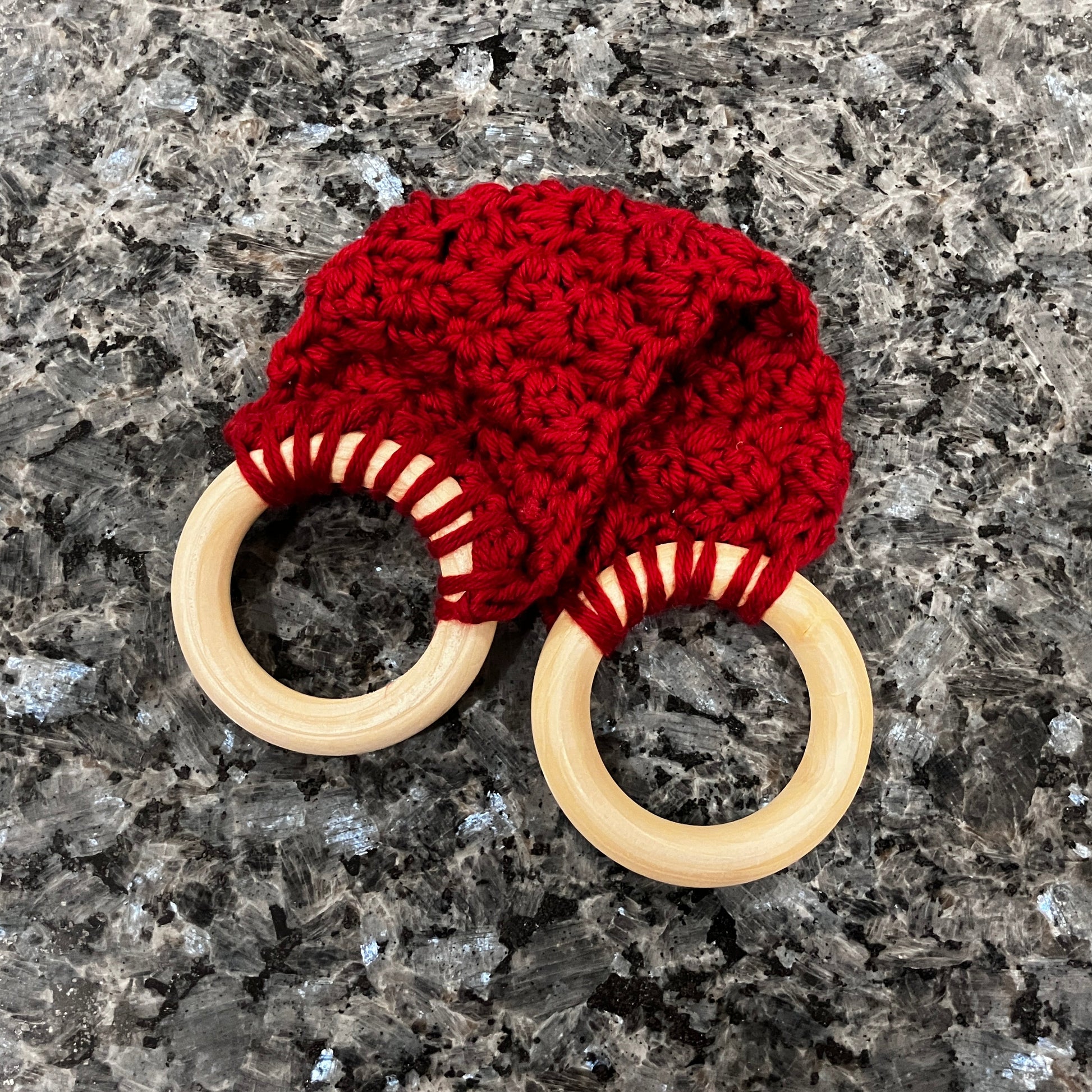 True Red Crocheted towel Holder with Wooden Rings