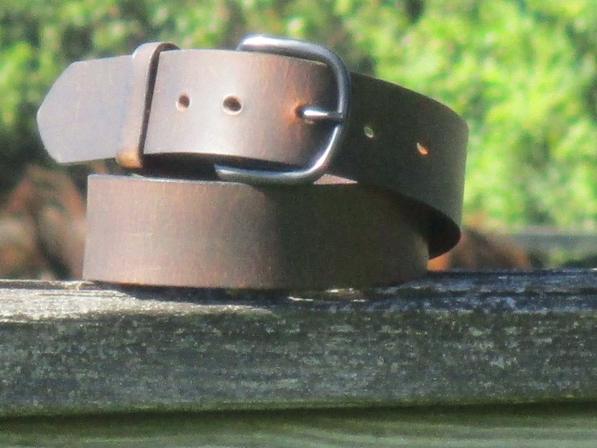 Water Buffalo Crazy Horse Brown leather belt with a Black metal buckle on a wooden surface with a blurred green background